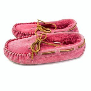 Minnetonka Moccasins Slipper Hot Pink Suede Faux Fur‎ Girls Size 2